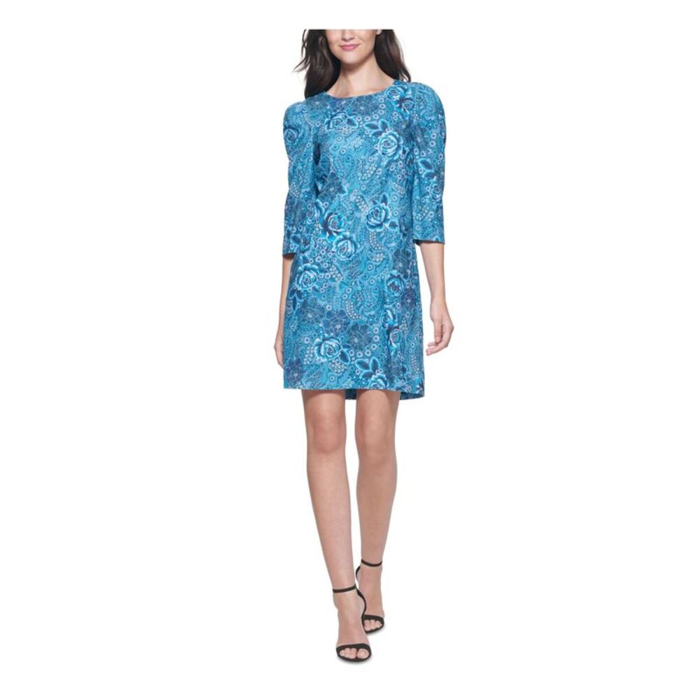 KENSIE DRESSES Womens Teal Soft Corduroy Pouf Sleeve Short Shift Dress 6